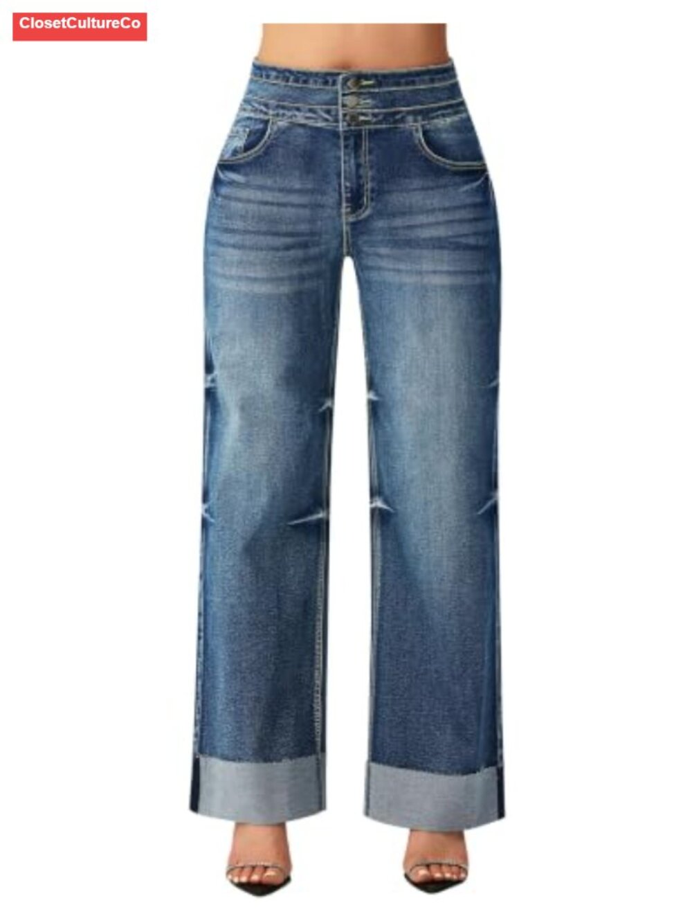 High Waisted Wide Leg Jeans with Cuffed Hem & Button Fly